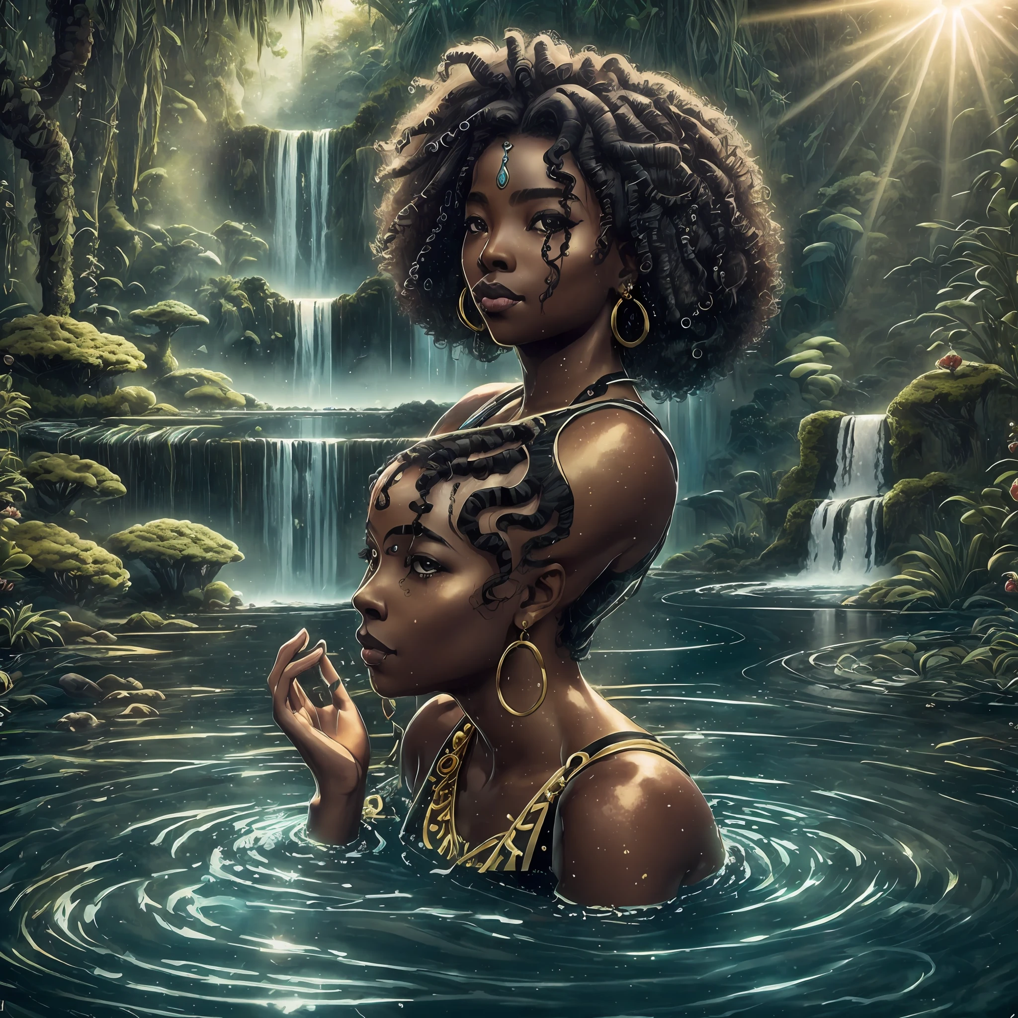 Oxum, the Orisha of fresh waters, radiates a (captivating beauty). Her (black skin) glows with a golden glow, reflecting the sunlight onto the waters. His (curly hair), )background cahcoreira), (looking at the obeservador)