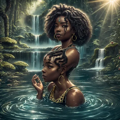 oxum, the orisha of fresh waters, radiates a (captivating beauty). her (black skin) glows with a golden glow, reflecting the sun...