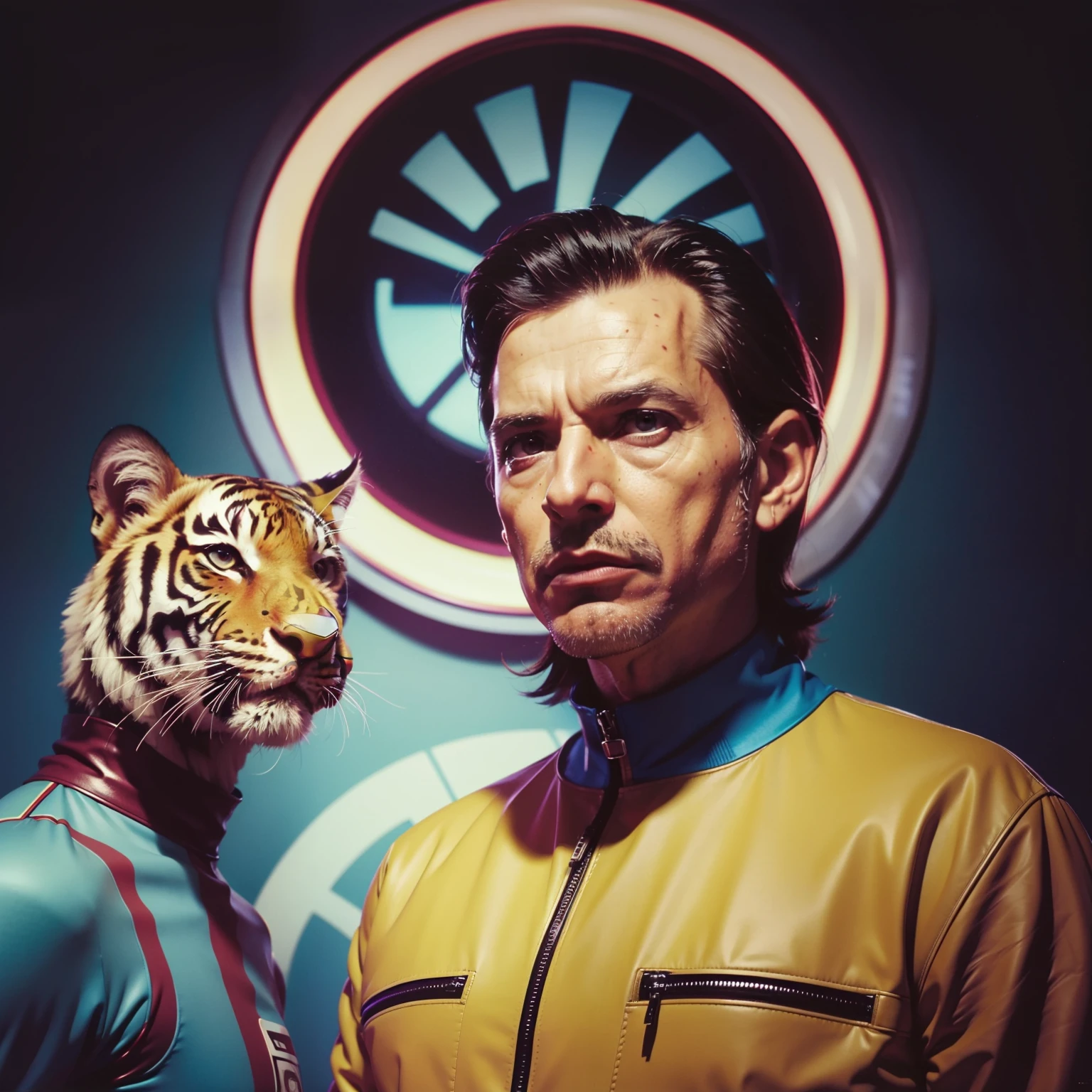 4k image from a 1970s science fiction film, imagem real por Wes Anderson, pastels colors, Man with painted tiger face and his mechanical pet are wearing retro-futuristic fashion clothes from the 70s and 60s with alien ornaments, Luz Natural, cinemactic, Psicodelia, futurista estranho, retro-futurista, photo-realistic, Sharp background details.