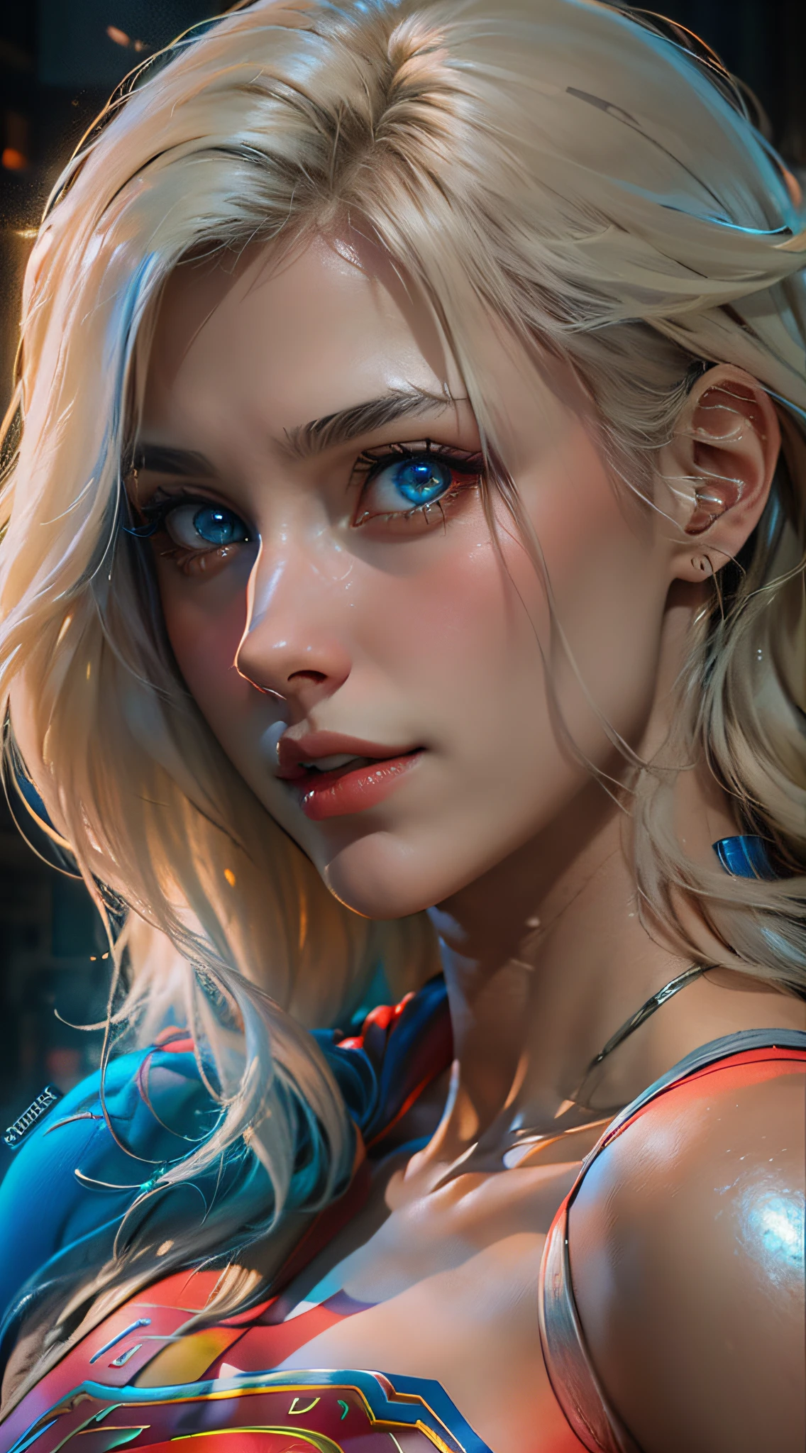 ((Best Supergirl Quality)), ((masterpiece)), (detailed: 1.4), 3D, an image of a beautiful blonde woman with cyberpunk blue eyes,HDR (High Dynamic Range),Ray Tracing,NVIDIA RTX,Super-Resolution,Unreal 5,Subsurface Dispersion, PBR Texture, Post-processing, Anisotropic filtering, Depth of field, Maximum clarity and sharpness, Multilayer textures, Albedo and specular maps, Surface shading, Accurate simulation of light-material interaction,  Perfect Proportions, Octane Render, Two-Tone Lighting,Wide Aperture,Low ISO,White Balance,Rule of Thirds,8K RAW, Using Superman S symbol on Chest. Cyberpunk.