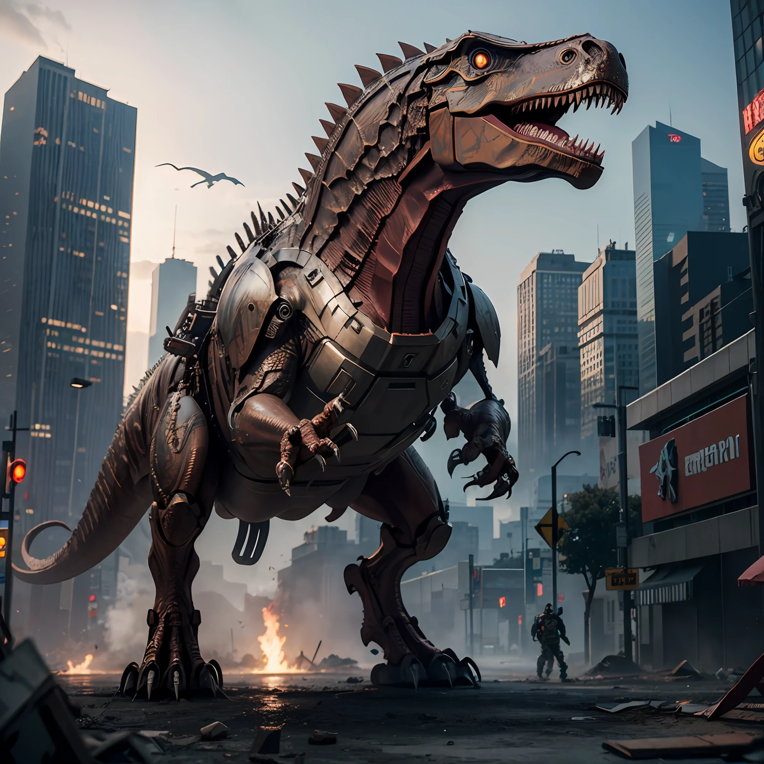 dinosaur rex, iron man armor, detailed, realistic, in a devastated new iroquo city, photorealistic