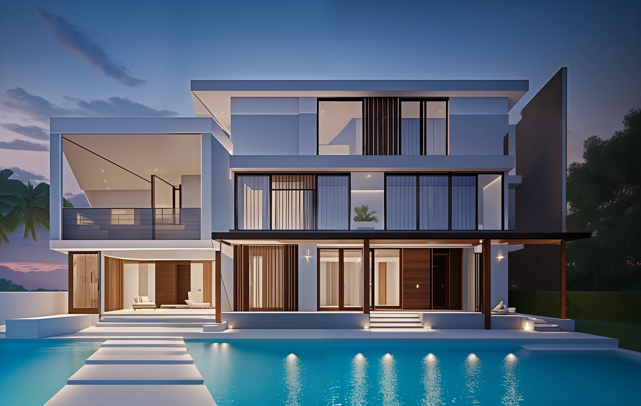 A rendering of a modern house with a pool and a staircase leading to ...