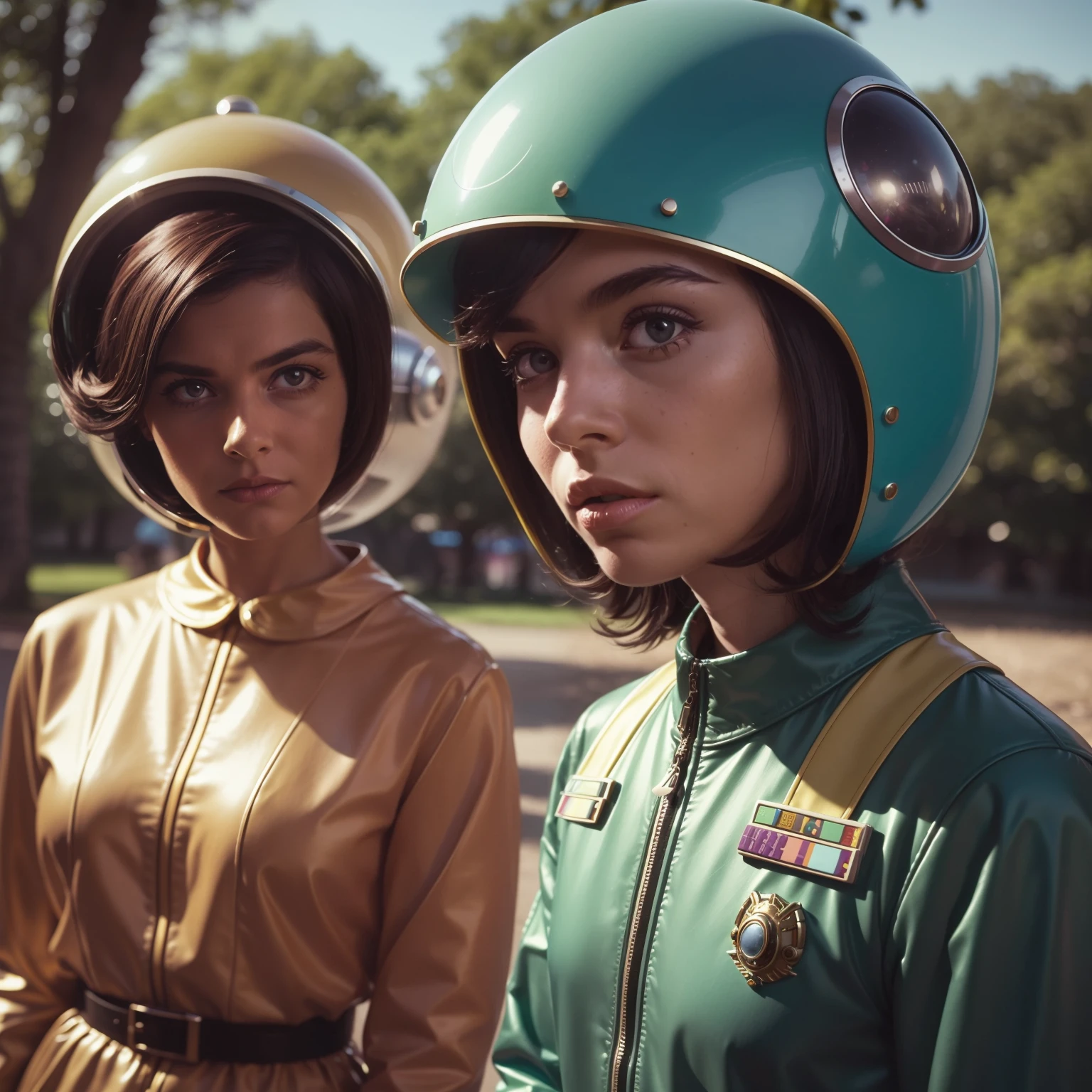 4k image from a 1960s science fiction film by Wes Anderson, pastels colors, Young people with animal mask and a mechanical pet in the park, Retro-futuristic fashion clothes from the 60s with alien ornaments, Luz Natural, Psicodelia, futurista estranho, retro-futurista, photo-realistic, Sharp background details.