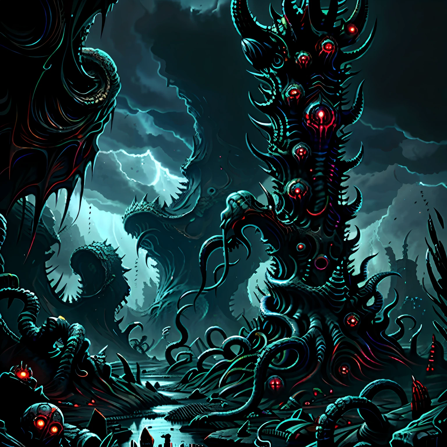 A madness evil landscape. Tentacles rise from the abyss, Polluted rivers, A graveyard of horror, unreal engine, UHD sketch color painting.