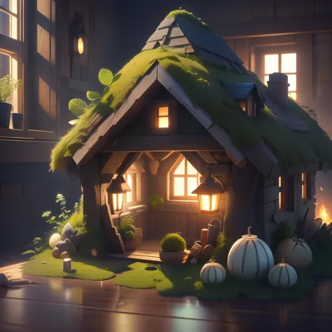 masterpiece, best quality, (extremely detailed CG unity 8k wallpaper), (best quality), (best illustration), (best shadow), A round turnip hut covered with moss， isometric 3D, octane render,ray tracing,ultra detailed