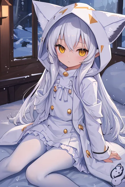 Masterpiece, Depth of field, Beautiful light and shadow, Pointy ears,futon, Tight, sitting on bed,one hand on tight ,((snow elf)),(Loli:1.4),kawaii, toddlers,3yo, Flat chest, ((Night)), White hair,(( yellow eyes)), white  fur coat, white pajama, ((White pa...