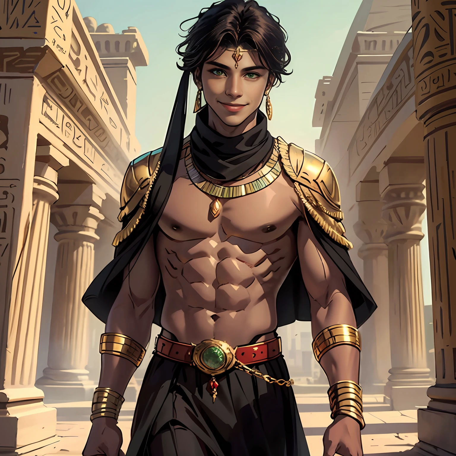 15-year-old boy walks smiling through the palaces of ancient Egypt black hair brown skin green eyes elegant black clothes with gold with bare chest wears red gold jewelry