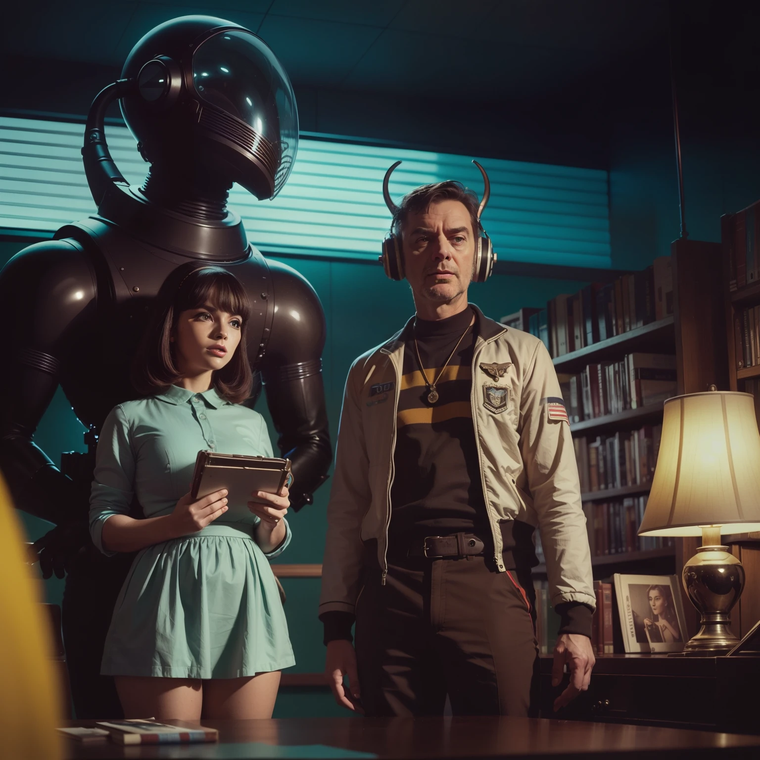 4k image of a 1960s science fiction film by Stanley Kubrick, pastels colors, Young people with animal mask and a mechanical pet in the library, Retro-futuristic fashion clothes from the 60s with alien ornaments, Luz Natural, Psicodelia, futurista estranho, retro-futurista, photo-realistic, Sharp background details.