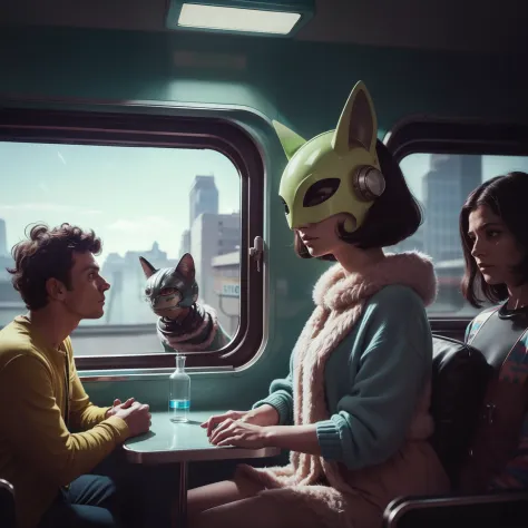 4k image from a 1960s science fiction film by Michael Gondry, pastels colors, Young people with animal mask and a mechanical pet...
