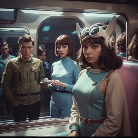 4k image from a 1960s science fiction film by Michael Gondry, pastels colors, Young people with animal mask and a mechanical pet...