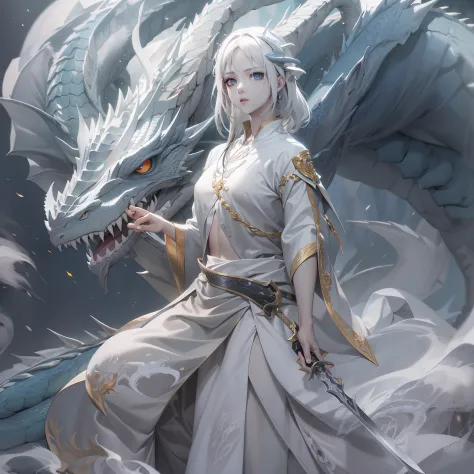 Pose,Beautiful face with white skin、On the belly, Black eyes, white  hair, Sword, Manteau blanc, blue flames,(((Grey Smoke Drago...
