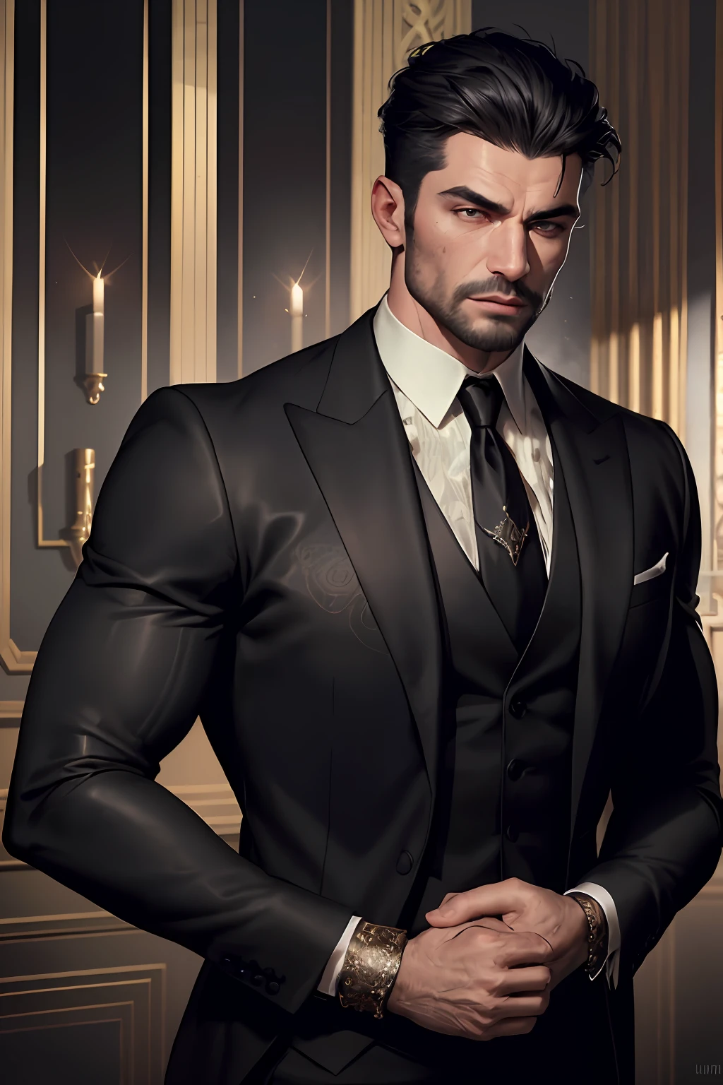 realistic (muscular man:1.1) mob boss, wearing intricate black elegant suite, portrait, short hair, jewelry, in a nightclub, spot lighting the scene, detailed background, intricate details, (illustration), masterpiece, high resolution, best quality.