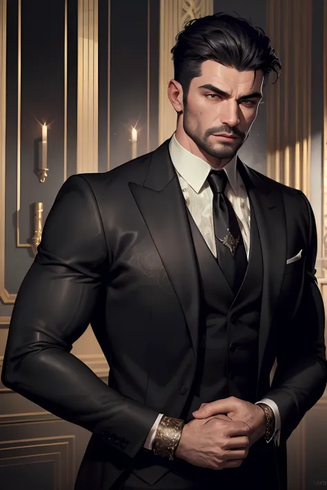 realistic (muscular man:1.1) mob boss, wearing intricate black elegant suite, portrait, short hair, jewelry, in a nightclub, spo...