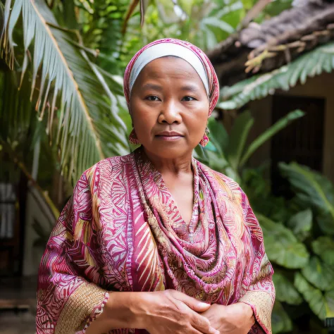 (masterpiece, best quality, raw photography:1.4) of an old indonesian woman, batik, sarong, kebaya, jilbab (highly detailed skin...