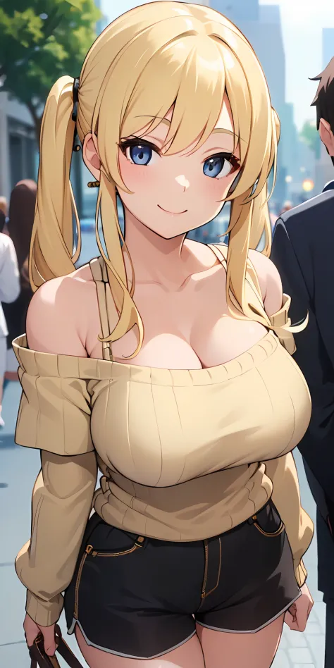 (Best quality:1.3), blonde twintail, busty, cleavage, off shoulder sweater, shorts, thighs, (pov, close shot), smiling, street background