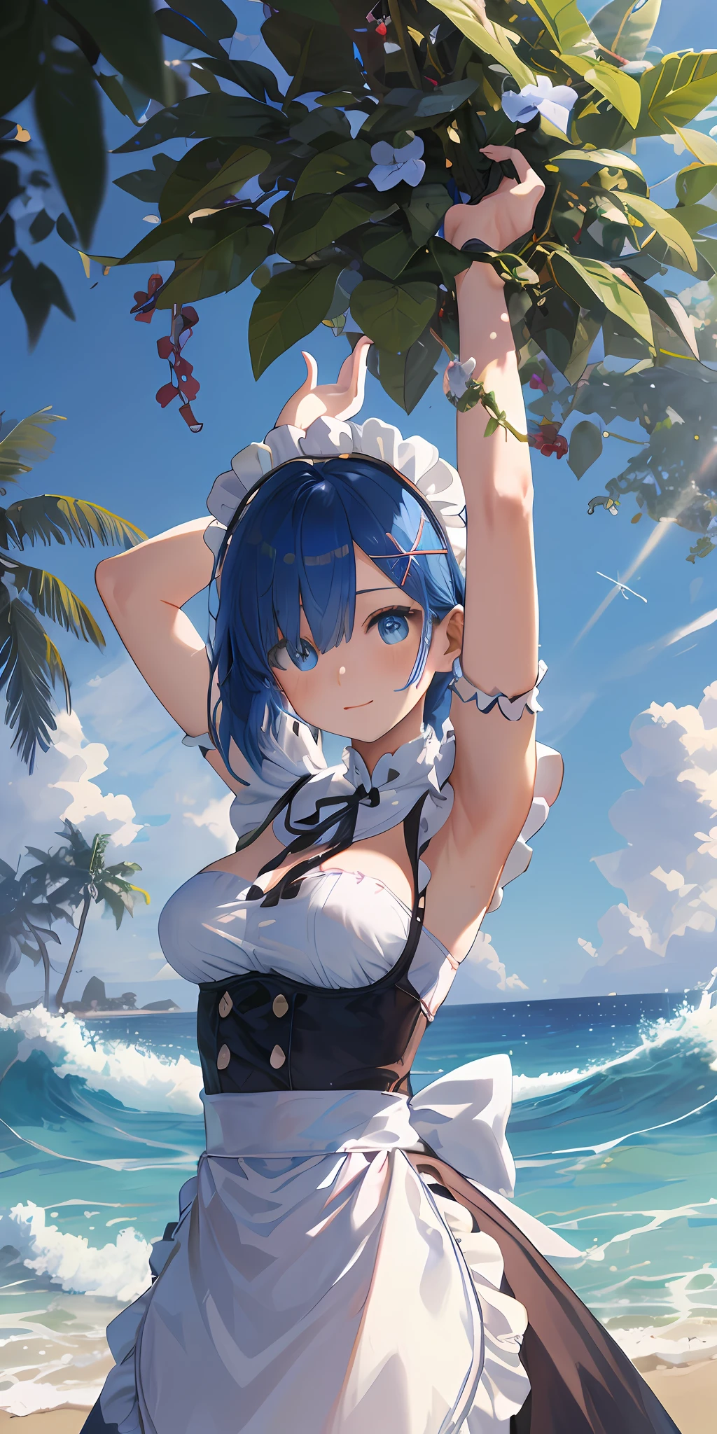 (masterpiece:1.6, best quality), (finely detailed beautiful eyes: 1.2), ph_rem, remhd, 1girl, blue hair, solo, blue eyes, x hair ornament,roswaal mansion maid uniform, maid, ocean,  bay, sunlight, trees, wave,  arms up