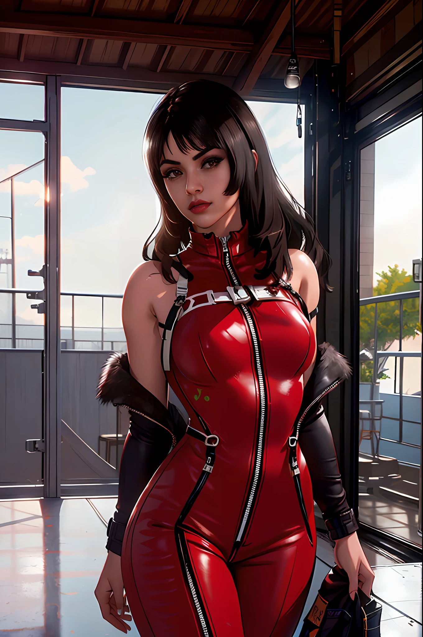 best quality, masterpiece, ultra high resolution, (photorealistic: 1.4), kylie jenner, medium breasts, big brown eyes, brown hair, (nose red), gymtastic_jumpsuit_black, (multiple straps, buckle straps: 1.125), young, posingh, long hair, looking at the viewer, professional lighting, sexy woman