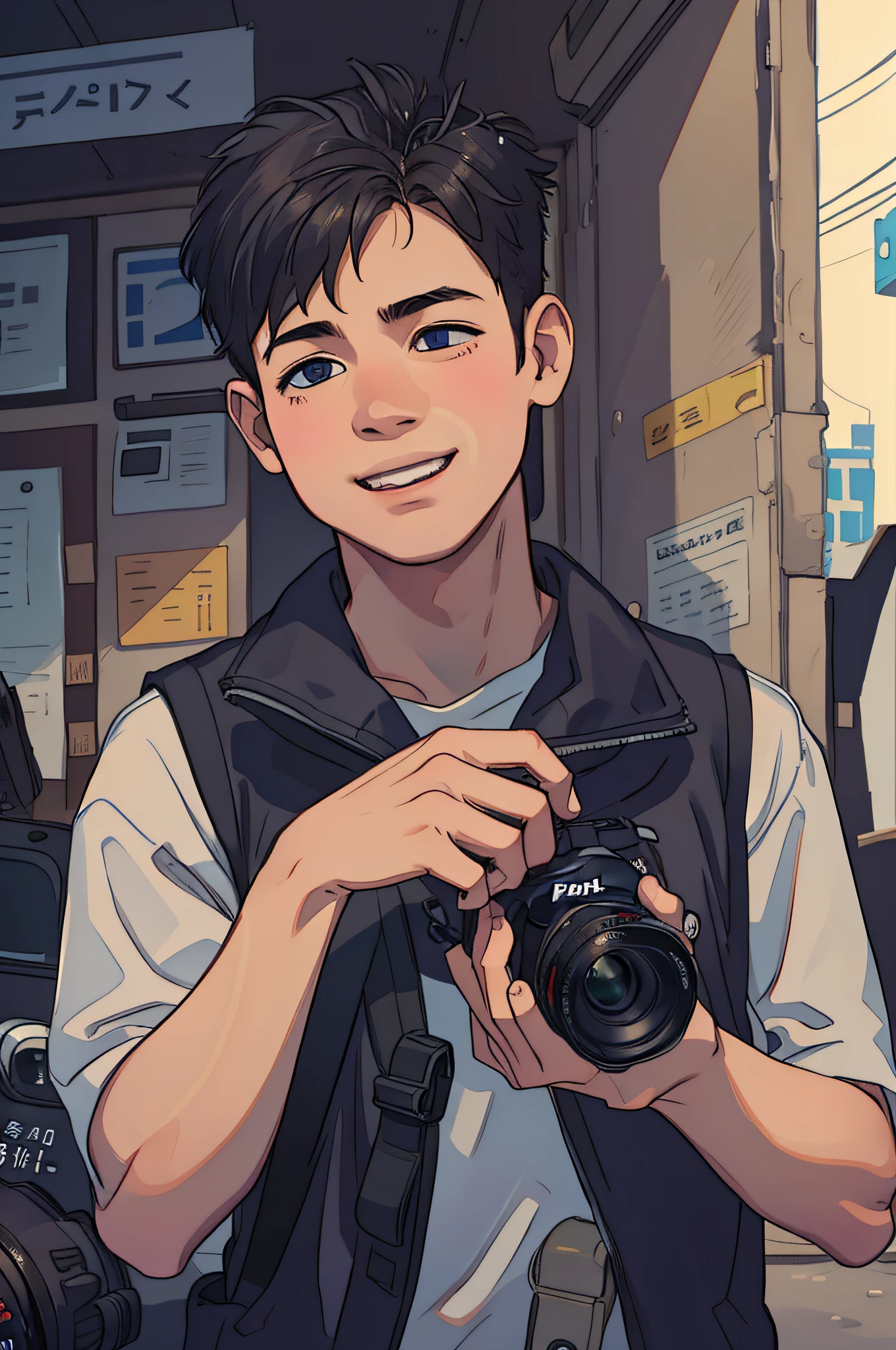 A boy holds a Canon camera。