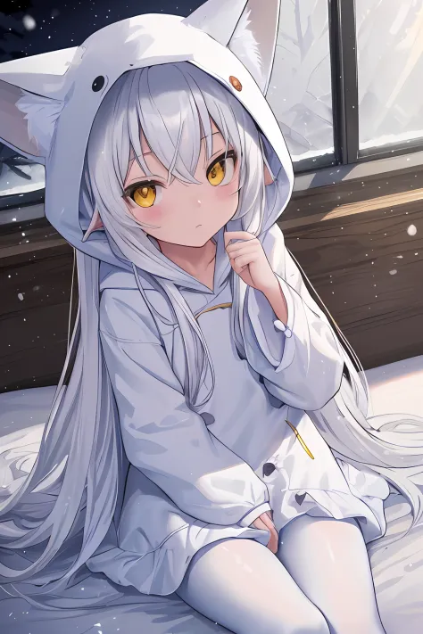 Masterpiece, Depth of field, Beautiful light and shadow, Pointy ears,futon, Tight, sitting on bed,one hand on tight ,((snow elf)),(Loli:1.4),kawaii, toddlers,3yo, Flat chest, ((Night)), White hair,(( yellow eyes)), white  fur coat, white pajama, ((White pa...