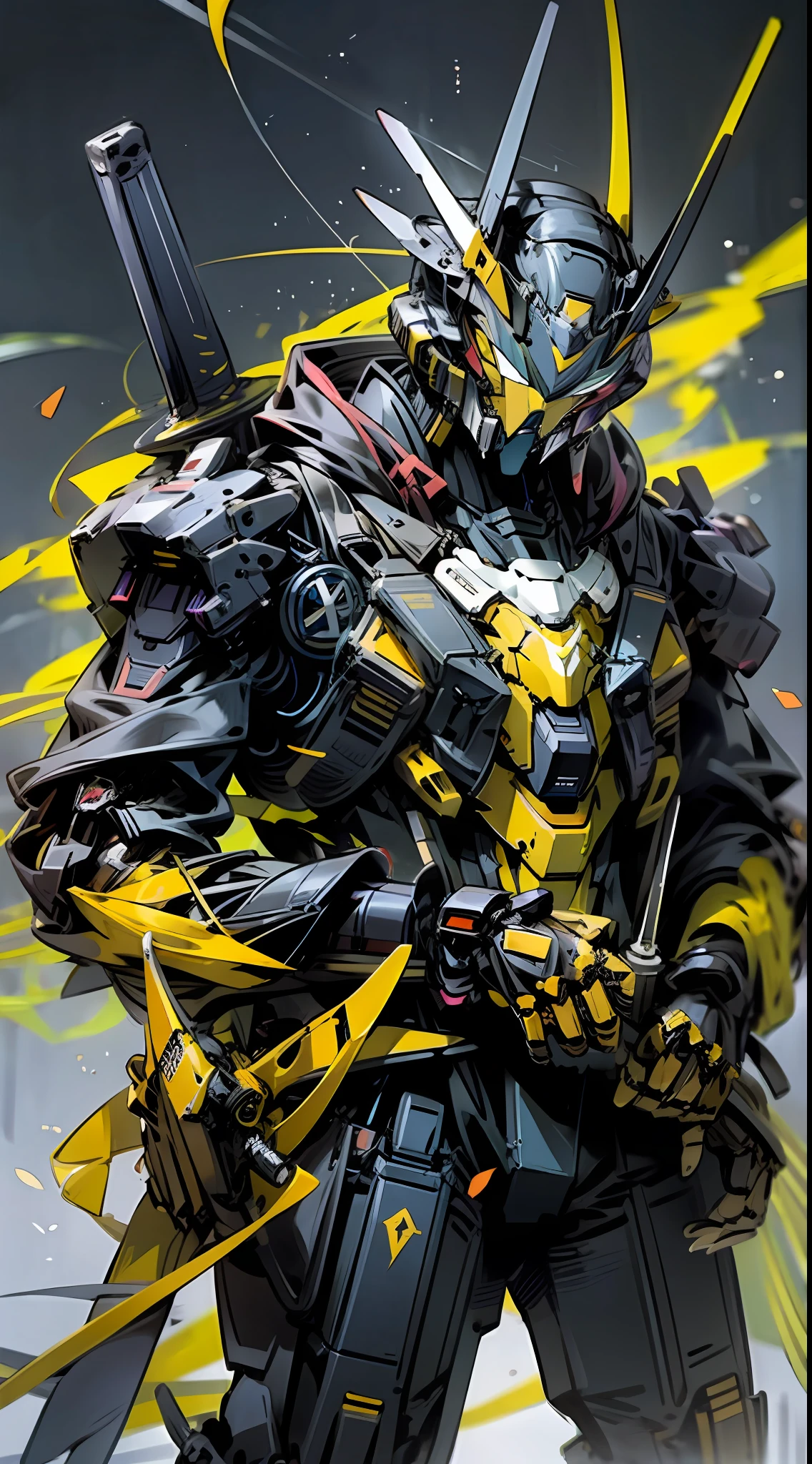 Необработанное фото,темный_Фантазия, Киберпанк, (Большой револьвер, человек с мечом, фиолетовый: 1.1), 1 человек, Механическое чудо, Роботизированное присутствие, Кибернетический страж, желтый, черный, самурай гандам, чрезвычайно высокая детализация, половина тела, желтый hornet, Пчела, мед, желтый Gundam,