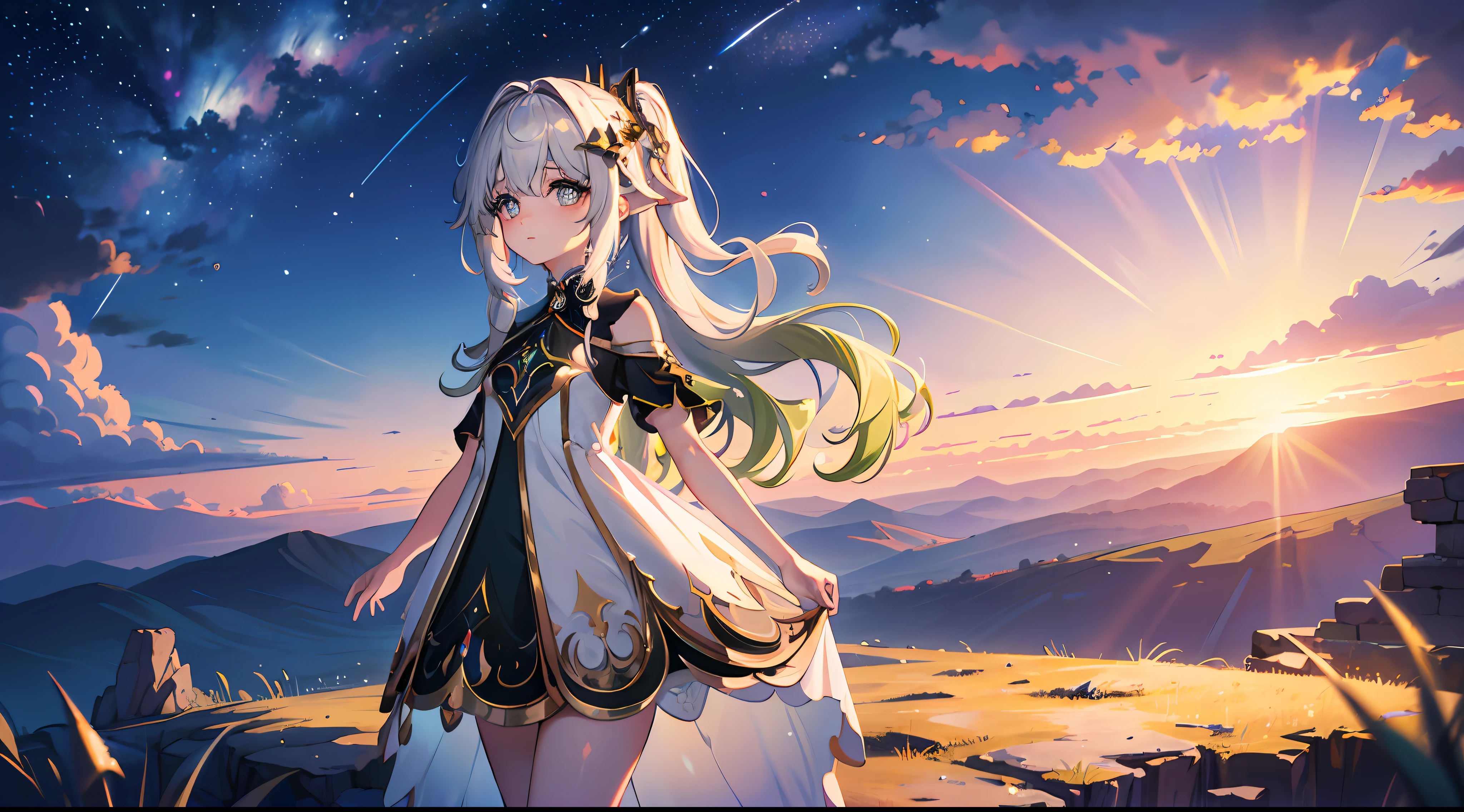 "Best quality, masterpiece, ultra high res, a captivating image of a solitary girl standing atop a majestic cliff, entranced by the starry night sky adorned with shimmering shooting stars. Her eyes are adorned with cross-shaped pupils."