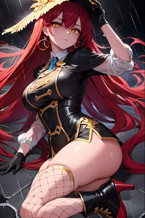 masterpiece, best quality, 1girl, long hair, big bust, very long red hair, yellow eyes, transparent clothes, rain, wet, exposed skin, ligerie, sexy pose, white clothes, without pants, fishnet stockings, jewels, ruby earrings, good anatomy, red gloves, boot...