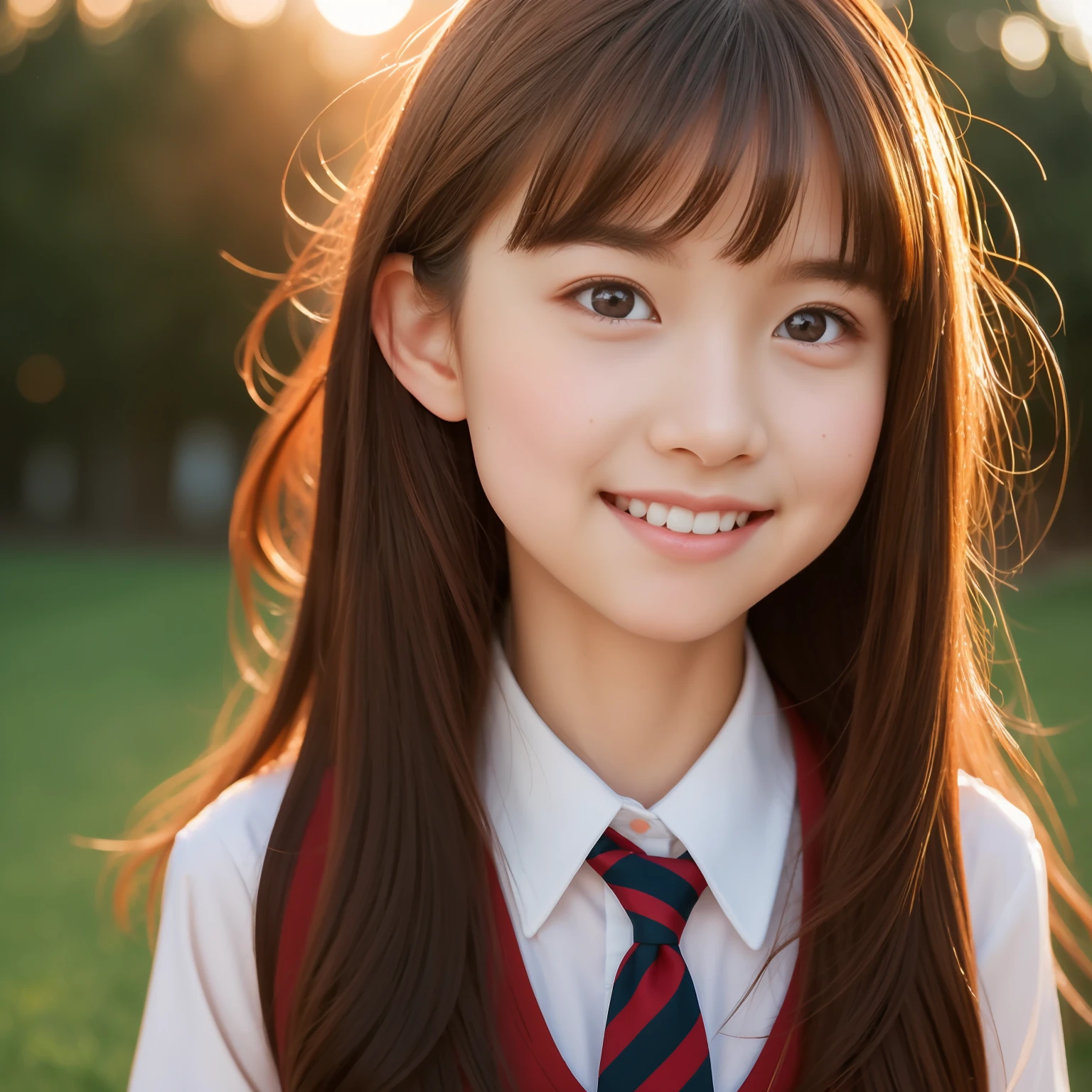 Best quality, masterpiece, 1girl, school uniform, solo, classroom, petite, thin figure, cute face, adorable, smiles slightly, looking at viewer, portrait, big red eyes, brown hair, long hair, beautiful detailed eyes, calm light, sunset, red tones, expert shadows