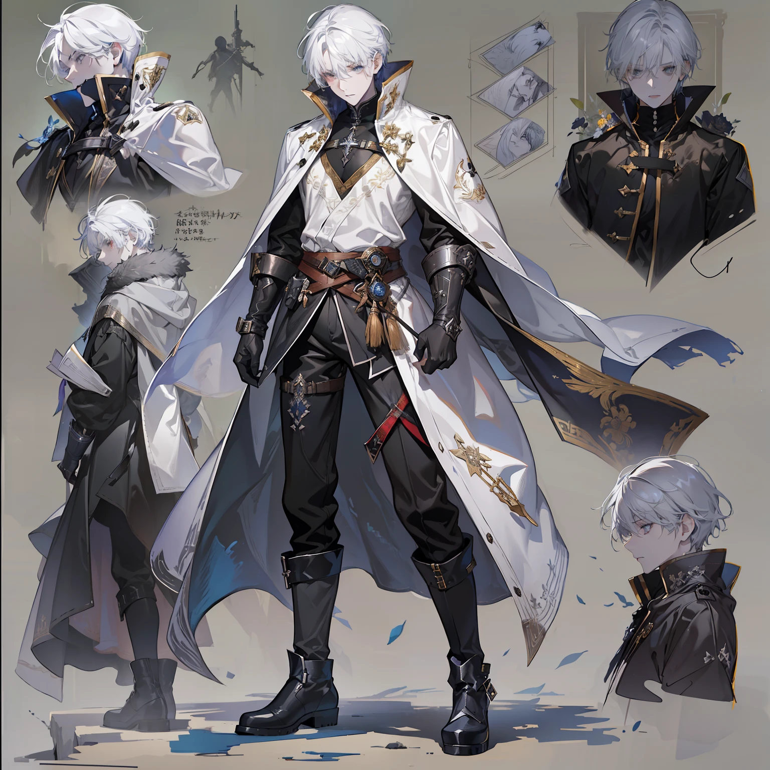 1 boy, solo, white hair, short hair, gray eyes, black shirt, metal cuffs, black gloves, raincoat, high boots, metal greaves, medieval theme, looking at viewer, fantasy art, beautiful painting, guwaika style, epic exquisite character art, stunning characters, (reference sheet:1.5)