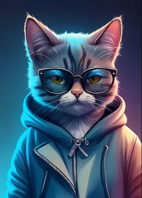 a closeup of a cat wearing glasses and a hoodie, gato cyberpunk, arte peluda, olhando heckin legal e elegante, arte digital pelu...