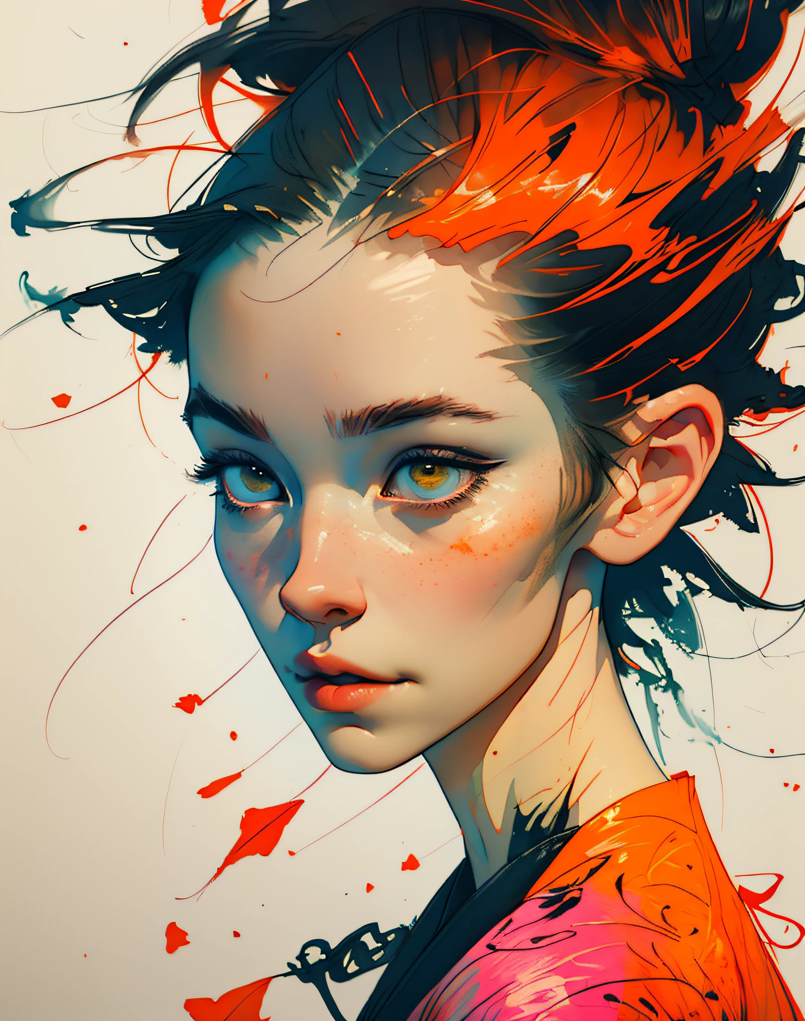 (8K, mejor calidad, obra maestra:1.2),(mejor calidad:1.0), (resolución ultra alta:1.0), acuarela, una mujer hermosa, hombro, cintas para el cabello, por agnes cecile, retrato de medio cuerpo, diseño brillante extremadamente luminoso, colores pasteles, (Tinta:1.3), luces de otoño