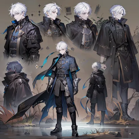 1 boy, solo, white hair, short hair, gray eyes, black shirt, metal cuffs, black gloves, raincoat, high boots, metal greaves, med...