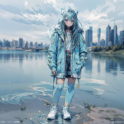 1 girl, blue long hair with white streaks, wearing a light sky blue parka and biker shorts, she is standing near a water body, o...