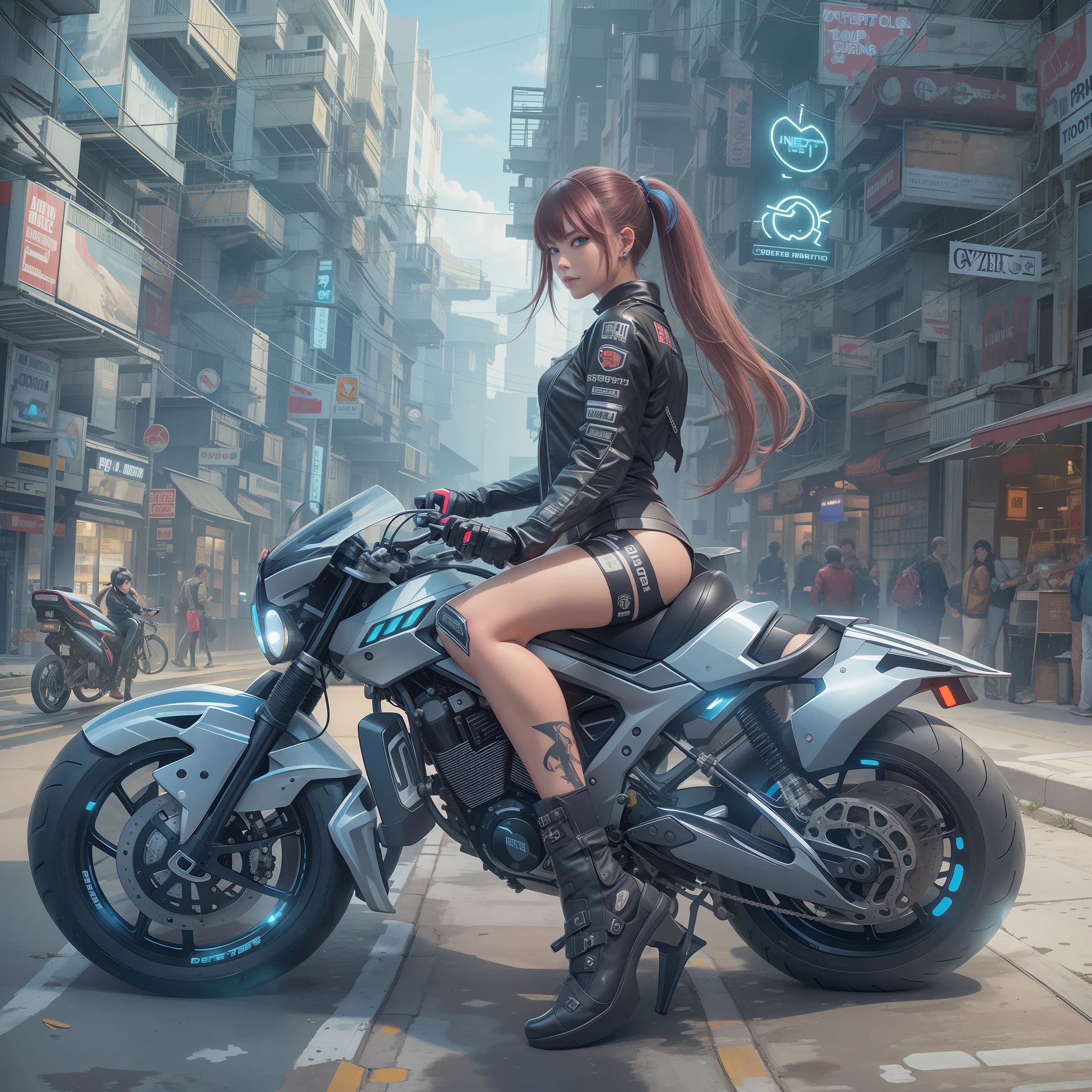 cyberpunked,Cyber-Stadt,Hi-Tech,Hightech-Stadtbild,Fahrräder der nahen Zukunft,Mädchen auf einem Motorrad,Pferdeschwanz