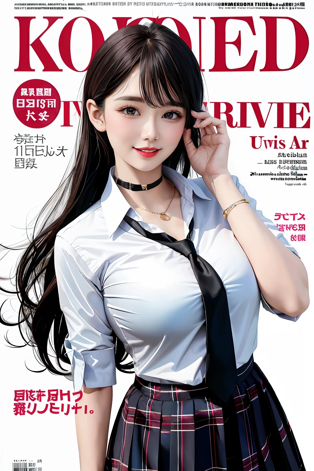 masterpiece, best quality, full body, 1girl, bangs, black choker, black necktie, black hair, blue skirt, blush, bracelet, breasts, choker, clothes around waist, collarbone, collared shirt, cowboy shot, dress shirt, ear piercing, eyebrows visible through hair, gradient hair, grin, gyaru, jewelry, kogal, long hair, looking at viewer, loose necktie, necktie, piercing, plaid, plaid skirt, pleated skirt, red eyes, ring, school uniform, shirt, skirt, smile, solo, white shirt, street, sky, cherry blossoms, petals,illustration, (magazine:1.3), (cover-style:1.3), fashionable, woman, vibrant, outfit, posing, front, colorful, dynamic, background, elements, confident, expression, holding, statement, accessory, majestic, coiled, around, touch, scene, text, cover, bold, attention-grabbing, title, stylish, font, catchy, headline, larger, striking, modern, trendy, focus, fashion,