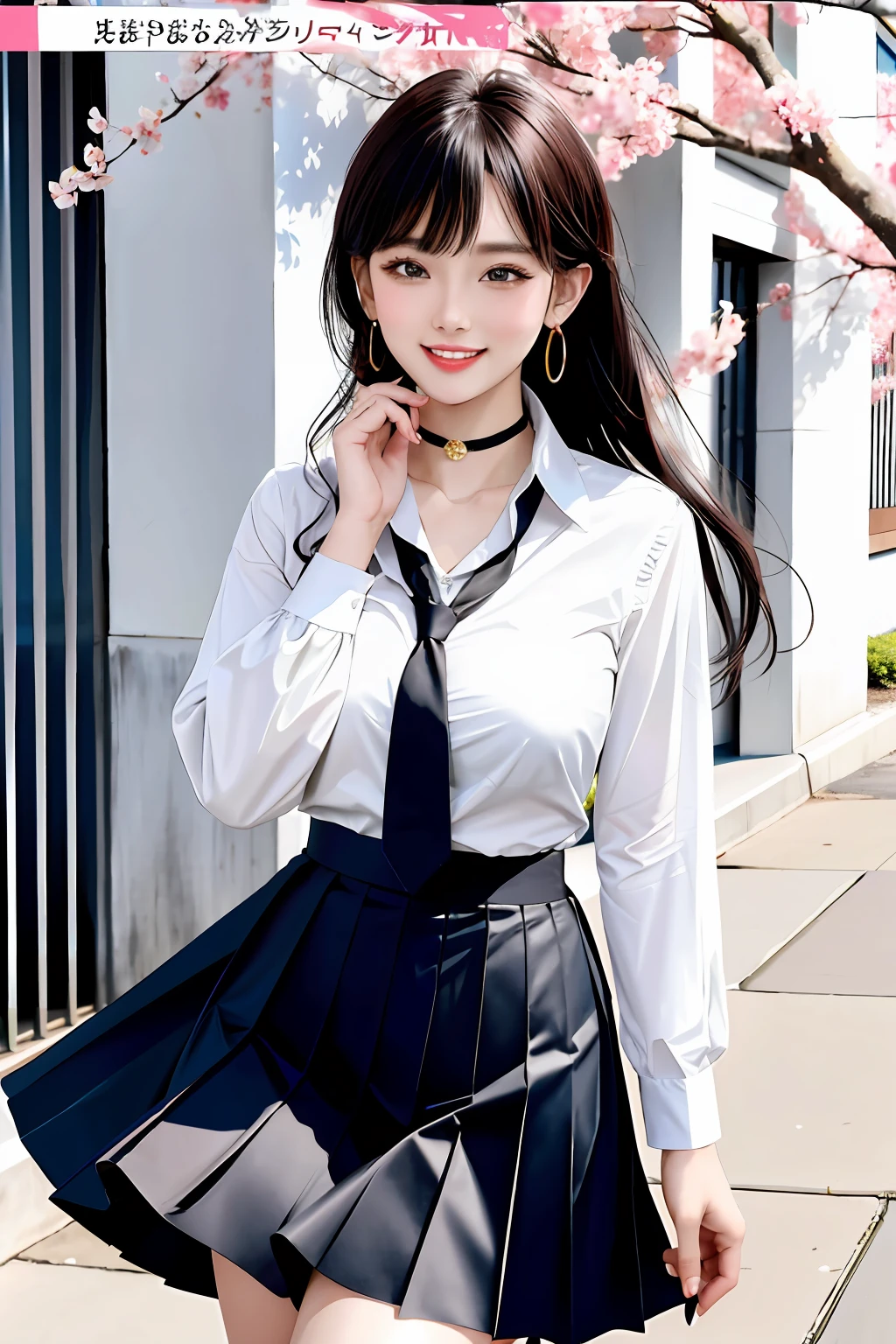 masterpiece, best quality, full body, 1girl, bangs, black choker, black necktie, black hair, blue skirt, blush, bracelet, breasts, choker, clothes around waist, collarbone, collared shirt, cowboy shot, dress shirt, ear piercing, eyebrows visible through hair, gradient hair, grin, gyaru, jewelry, kogal, long hair, looking at viewer, loose necktie, necktie, piercing, plaid, plaid skirt, pleated skirt, red eyes, ring, school uniform, shirt, skirt, smile, solo, white shirt, street, sky, cherry blossoms, petals,illustration, (magazine:1.3), (cover-style:1.3), fashionable, woman, vibrant, outfit, posing, front, colorful, dynamic, background, elements, confident, expression, holding, statement, accessory, majestic, coiled, around, touch, scene, text, cover, bold, attention-grabbing, title, stylish, font, catchy, headline, larger, striking, modern, trendy, focus, fashion,