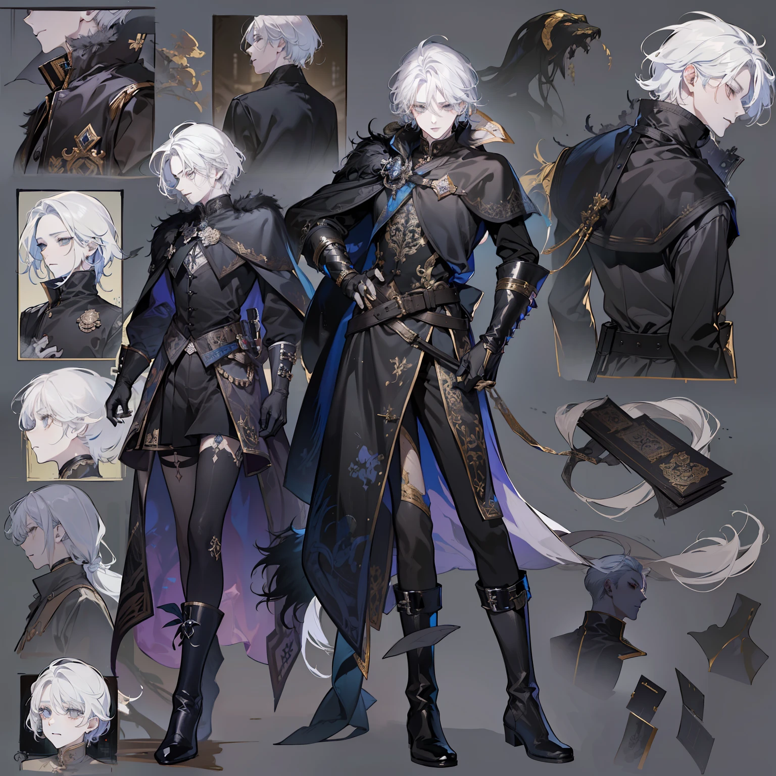 1 boy, solo, white hair, short hair, gray eyes, black shirt, metal cuffs, black gloves, high boots, metal gloves, medieval theme, looking at viewer, fantasy art, beautiful painting, guwaika style, epic exquisite character art, stunning characters, (reference sheet:1.5)