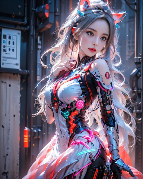 The whole body is a mechanical body、1 Girl Solo、perfect_hand、(8k、RAW Photography、top-quality、​masterpiece:1.2)、(realisitic、Photorealsitic:1.4)、(the Extremely Detailed CG Unity 8K Wallpapers)、full bodyesbian、(neon light)、Machop、mechanical arms、hanfu、Hanfu、d...