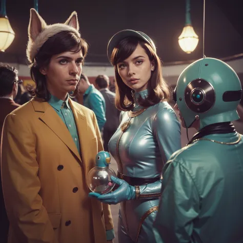 4k image from a 1960s science fiction film by wes anderson, pastels colors, young people in animal mask holding a mechanical pet...