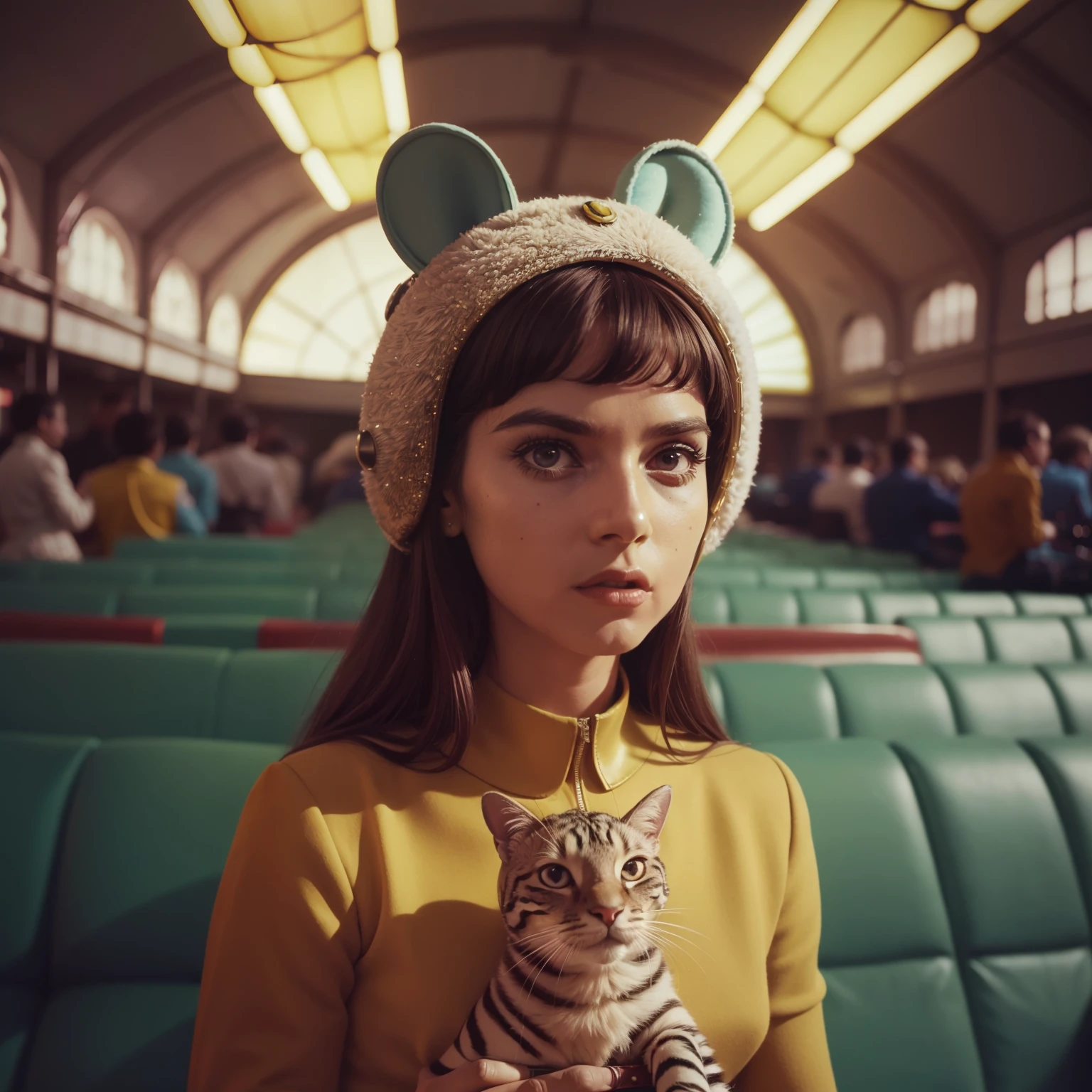 4k image from a 1960s science fiction film by Wes Anderson, pastels colors, Young people in animal mask holding a mechanical pet in the circus, Retro-futuristic fashion clothes from the 60s with alien ornaments, Luz Natural, Psicodelia, futurista estranho, retro-futurista, photo-realistic, Sharp background details.