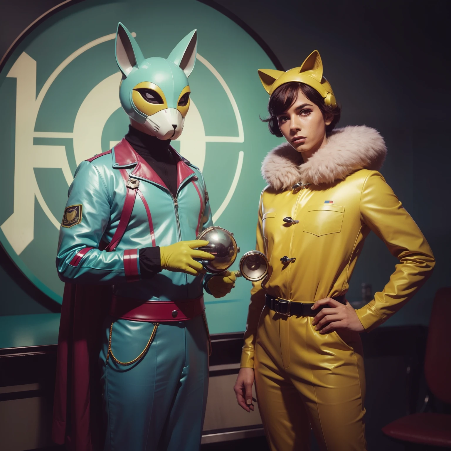 4k image from a 1960s science fiction film by Wes Anderson, pastels colors, Young people in animal mask holding a mechanical pet in the circus, Retro-futuristic fashion clothes from the 60s with alien ornaments, Luz Natural, Psicodelia, futurista estranho, retro-futurista, photo-realistic, Sharp background details.