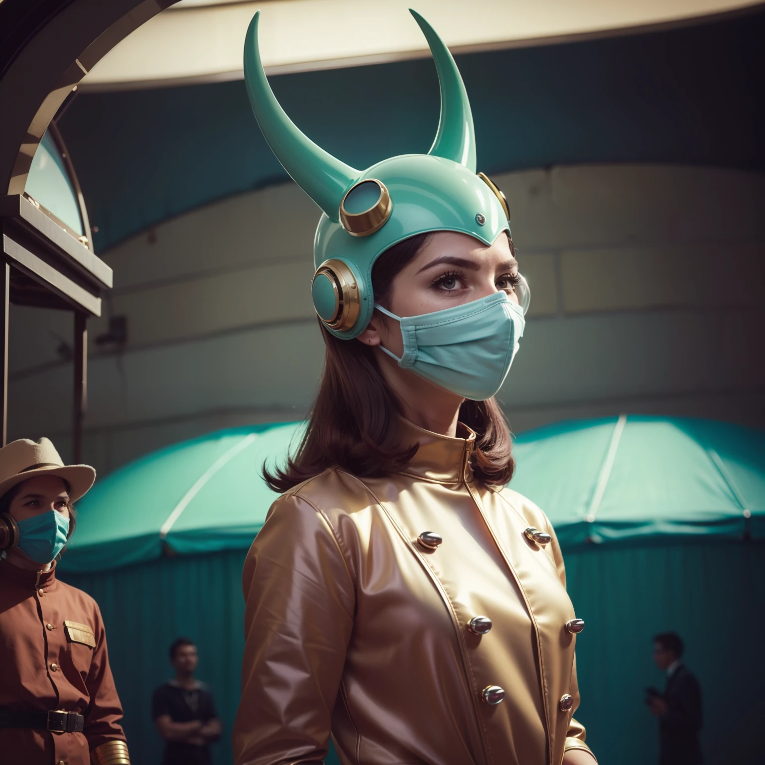 4k-Bild aus einem Science-Fiction-Film von Wes Anderson aus den 1960er Jahren, Pastellfarben, Junge Leute mit Tiermasken halten im Zirkus ein mechanisches Haustier, Retro-futuristische Modekleidung aus den 60er Jahren mit Alien-Ornamenten, Natürliches Licht, Psychedelisch, seltsam futuristisch, retro-futuristisch, fotorealistisch, Scharfe Hintergrunddetails.