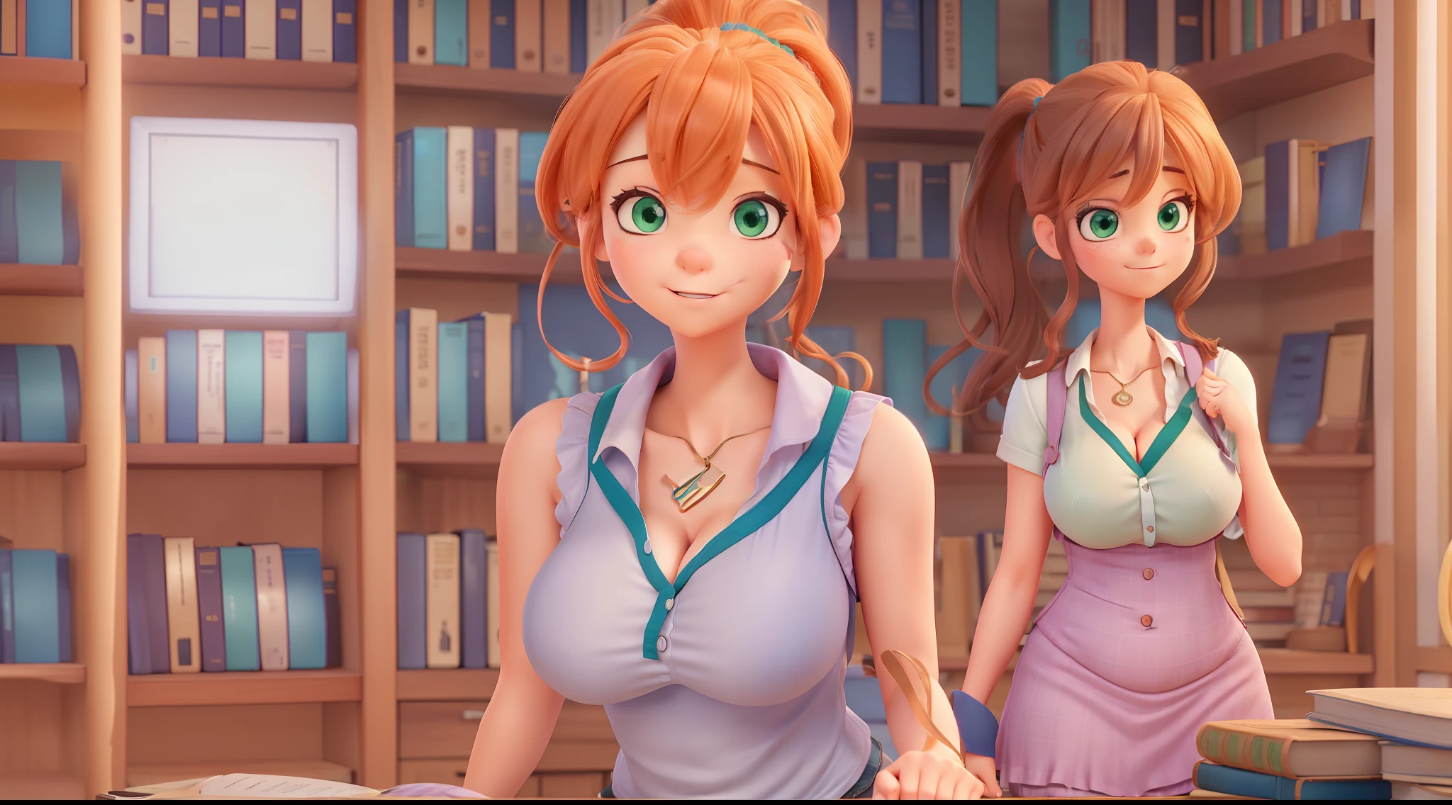 Two anime girls in a library with bookshelves and a desk - SeaArt AI