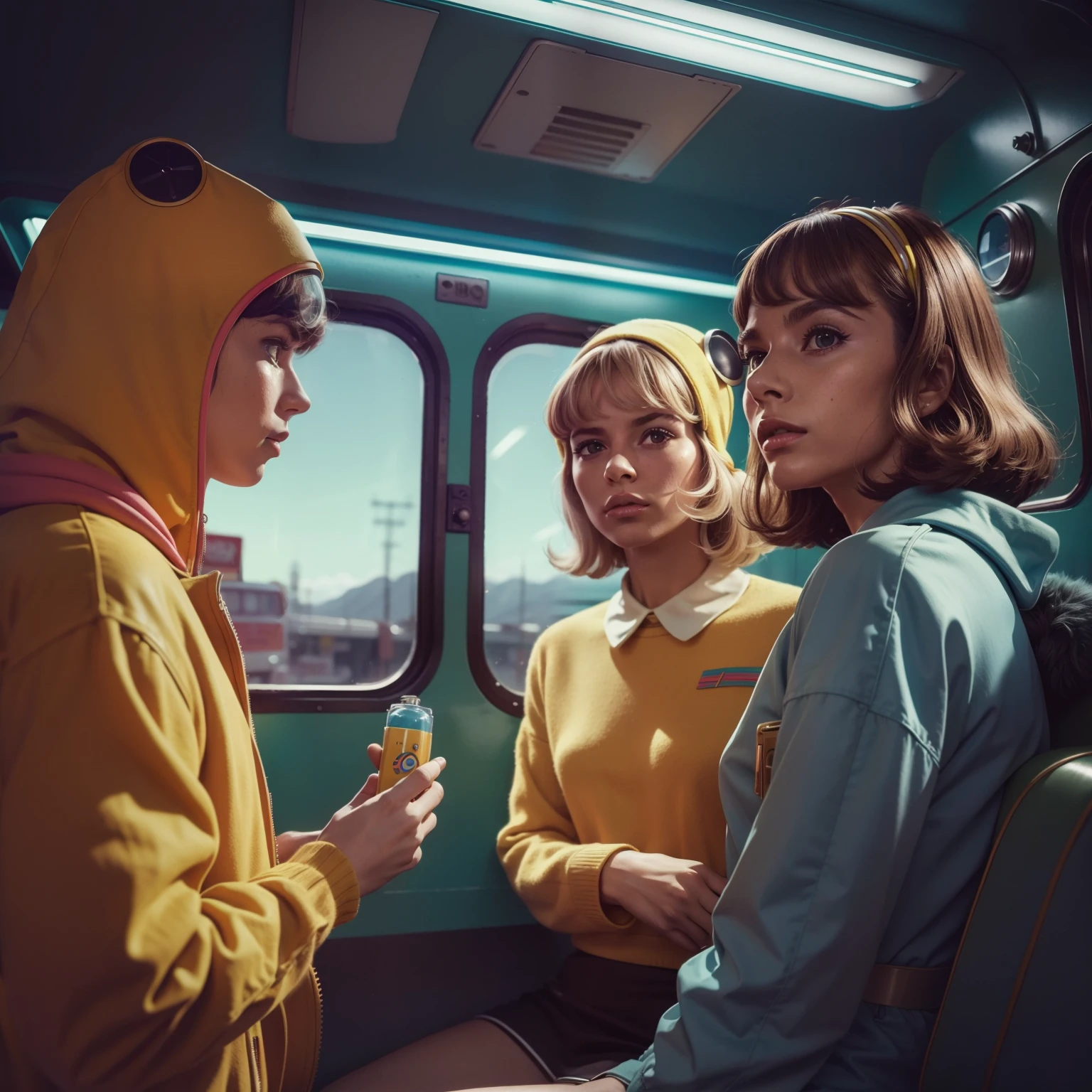 4k image from a 1960s science fiction film by Wes Anderson, pastels colors, Young people with animal mask and a mechanical pet on the school bus, Retro-futuristic fashion clothes from the 60s with alien ornaments, Luz Natural, Psicodelia, futurista estranho, retro-futurista, photo-realistic, Sharp background details.