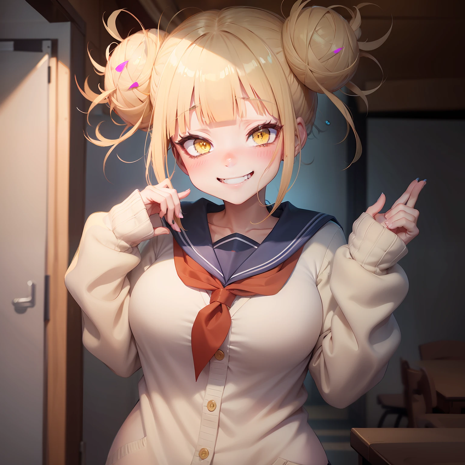 toga himiko, boku no hero academia, 1girl, bags under eyes, bangs, blonde hair, blue sailor collar, blunt bangs, blush, cardigan, double bun, grin, hair bun, hand up, happy, long sleeves, looking at viewer, messy hair, neckerchief, red neckerchief, sailor collar, sanpaku, school uniform, serafuku, short hair, sidelocks,  slit pupils, smile, solo, twitter username, upper body, v, yellow cardigan, yellow eyes, ((masterpiece))