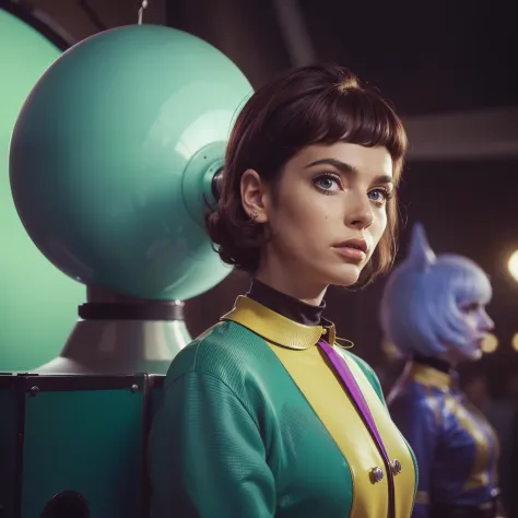 4k image from a 1960s science fiction film by Michel Gondry, pastels colors, Young animal makeup holding a mechanical animal in ...