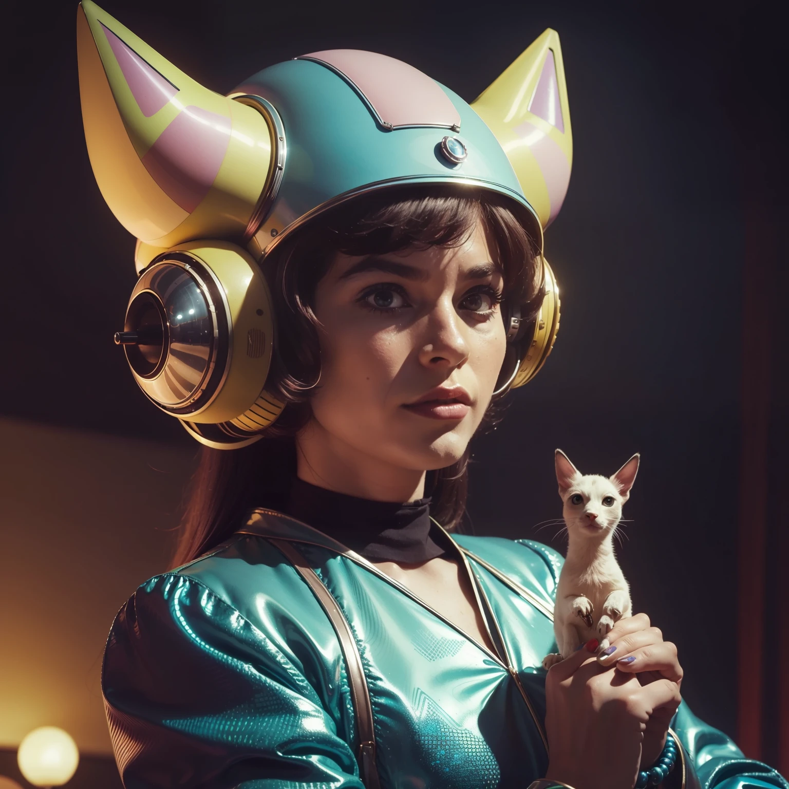 4k image from a 1960s science fiction film by Michel Gondry, pastels colors, Young animal makeup holding a mechanical animal in the circus, Retro-futuristic fashion clothes from the 60s with alien ornaments, Luz Natural, Psicodelia, futurista estranho, retro-futurista, photo-realistic, Sharp background details.