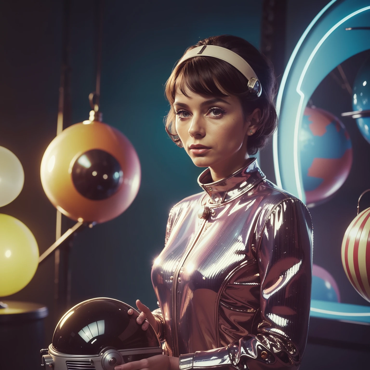 4k-Bild aus einem Science-Fiction-Film von Michel Gondry aus den 1960er Jahren, Pastellfarben, Junge Tier Make-up hält ein mechanisches Tier im Zirkus, Retro-futuristische Modekleidung aus den 60er Jahren mit Alien-Ornamenten, Natürliches Licht, Psychedelisch, seltsam futuristisch, retro-futuristisch, fotorealistisch, Scharfe Hintergrunddetails.