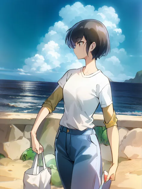 girl in white shirt and jeans、girl has short hair、having a watermelon、healthy、landscape with sea