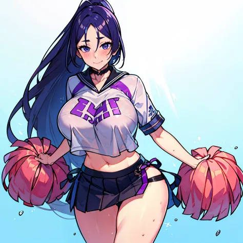 maternal smile, blushing, Pompones, uniform, crop top, midriff skirt, miniskirt, crop top overhang, clothes lift, large, sweat, ...