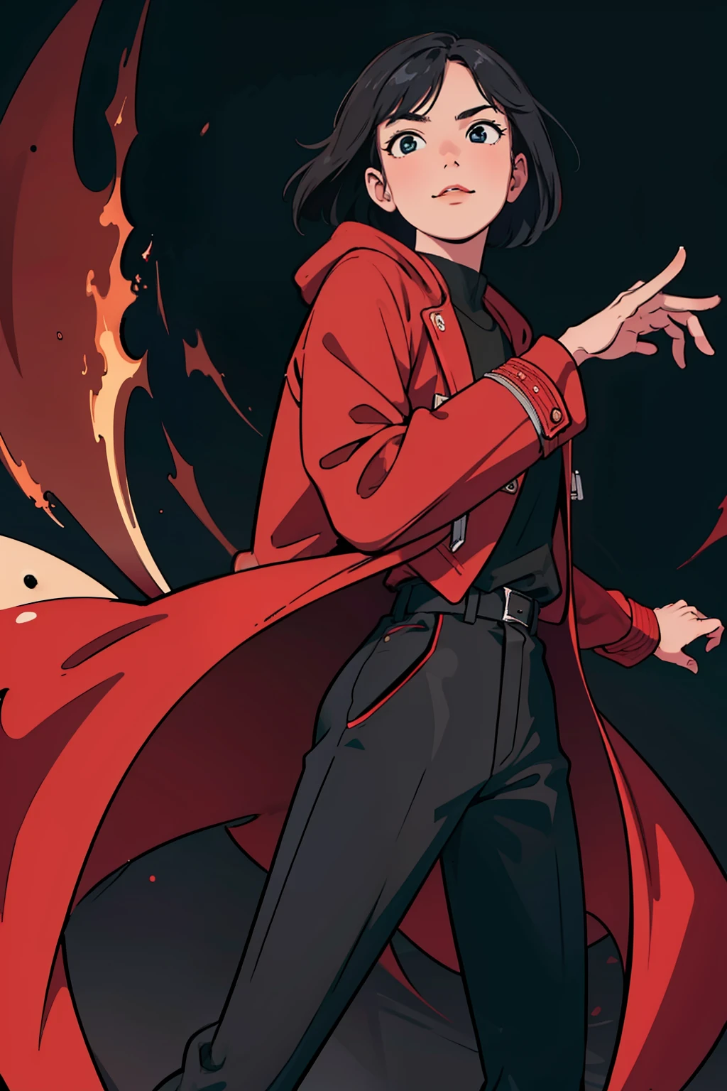(masterpiece, best quality, high resolution:1.4), 1boy, 1man, boy, black hair, short hair, kung fu pose, red coat, black pants, star vs the forces of evil style, happy, dark outfit, looking at camera, good vibe